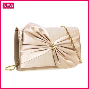 Satin Evening Clutch with Bow, Magnetic Closure, Removable Chain Strap